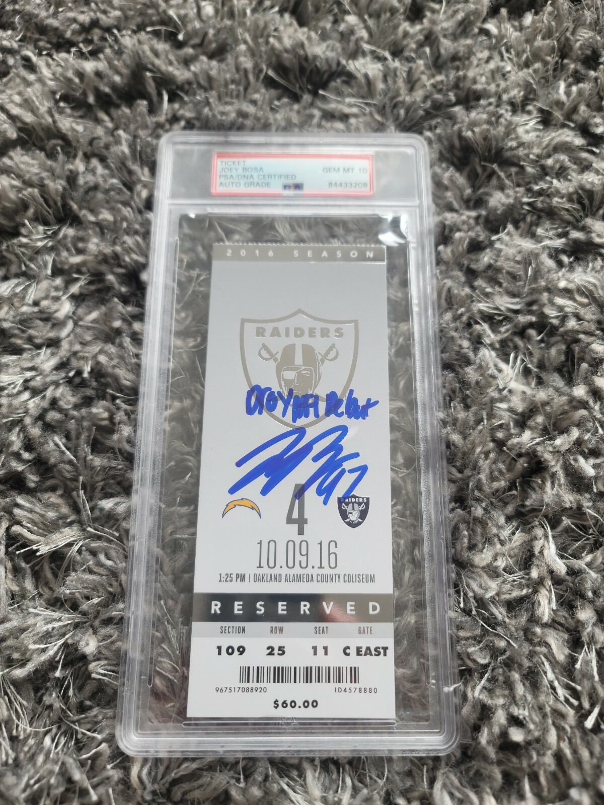 Joey Bosa Signed NFL Debut Ticket Stub "DROY NFL DEBUT" GEM MT 10 Auto PSA Slab 