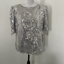 Vintage Women Med 80s Silver Sequin Beaded Flower Design Top Blouse 100 Silk