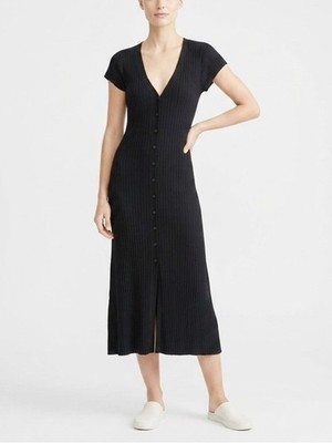 rag & bone Black Ribbed Knit Midi Dress XXS Stretch Button Front Collared NWOT