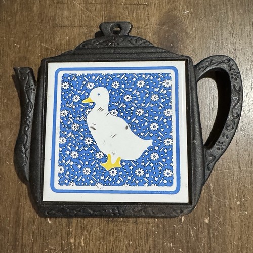 Vtg Cast Iron Teapot Shaped Trivet Ceramic Tile Duck Made in Taiwan in GUC