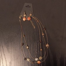 Real Brown Beige Beaded Necklace and Earrings Jewelry Set Multi-Strand Fashion