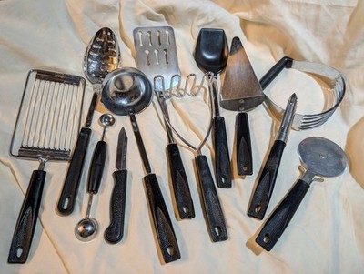Vintage EKCO 12 Piece Set Throwback Kitchen Utensils USA Black Handle- **NICE**