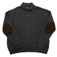 Chaps Knit Jumper Mens Medium Grey Button Neck Elbow Patch Cotton Sweater
