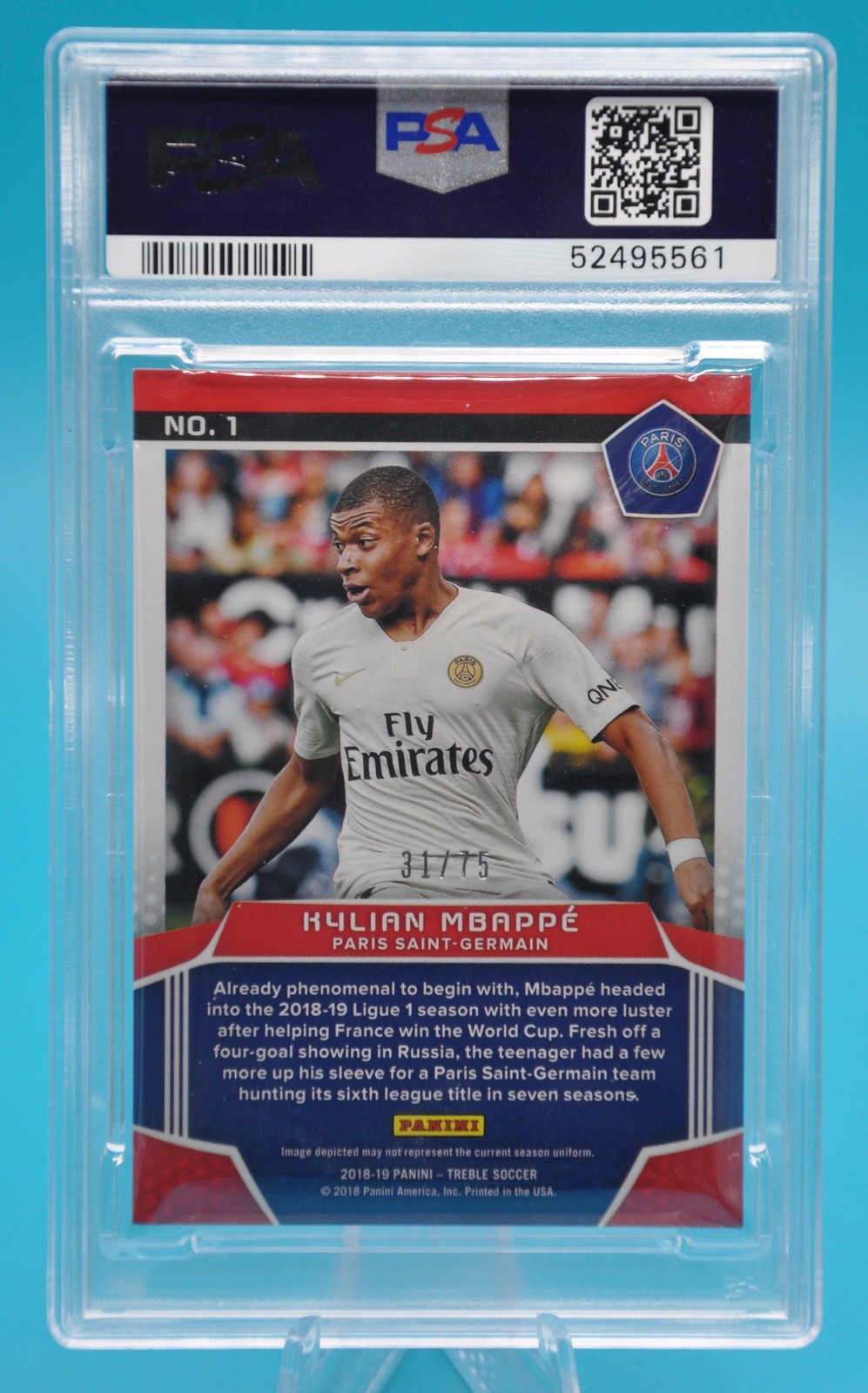 2018-19 Panini Treble Kylian Mbappe Blue /75 PSA 8 NMMT #1 Tough Grade Rare! view 2