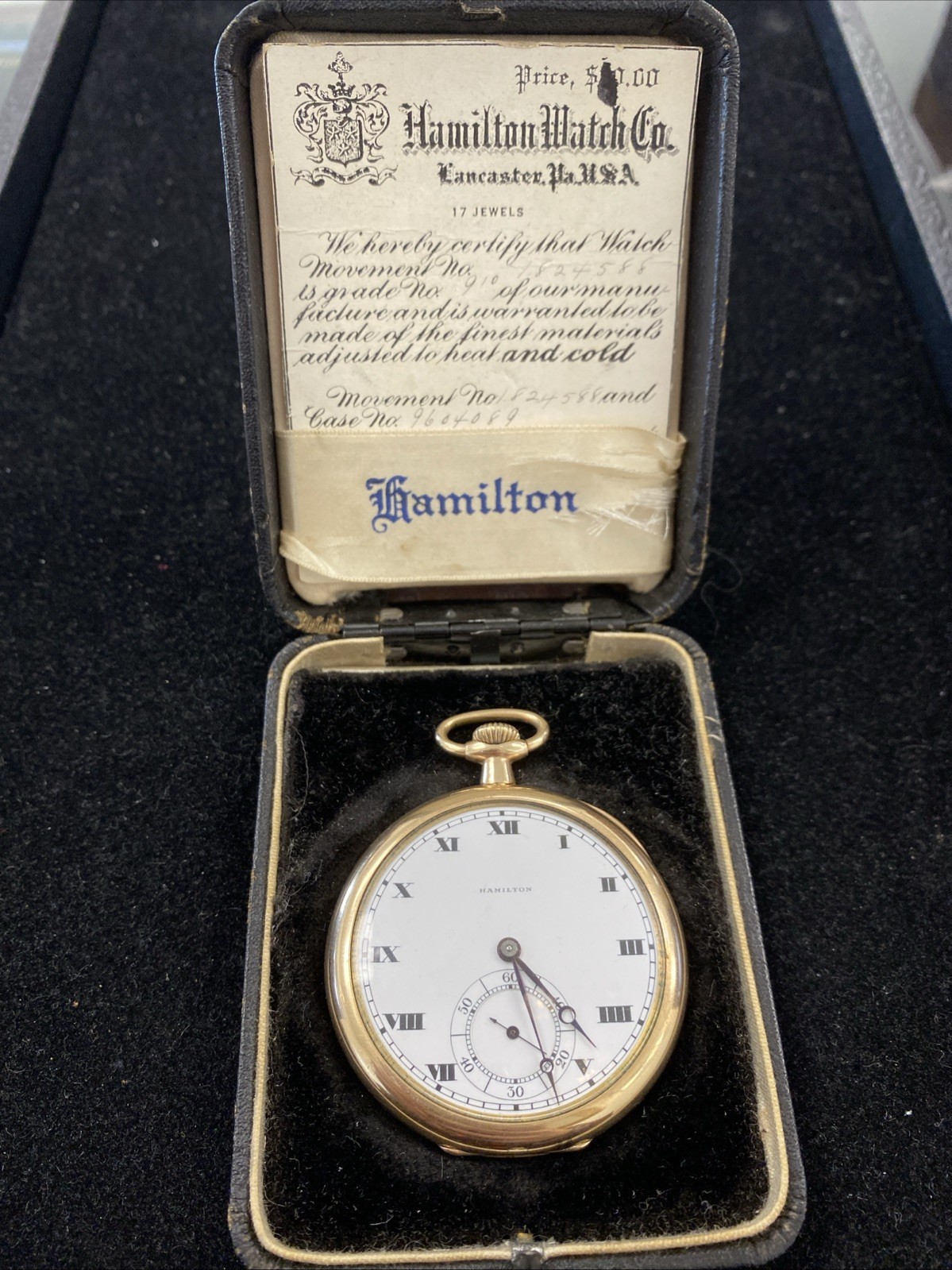 Hamilton 910 Pocket Watch 17j 12 Size Gold Filled 1917 Box And Papers Running