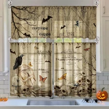 3 Pcs Halloween Kitchen Curtains Valances and Tiers Set for Windows Bats Skulls