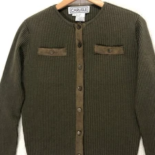 Carlisle Wool Silk Olive Green Ribbed Knit Cardigan Sweater Brown Trim Medium M
