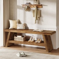 2-Tier Entryway Bench, Solid Wood Seating with Open Shelves for Hallway Foyer