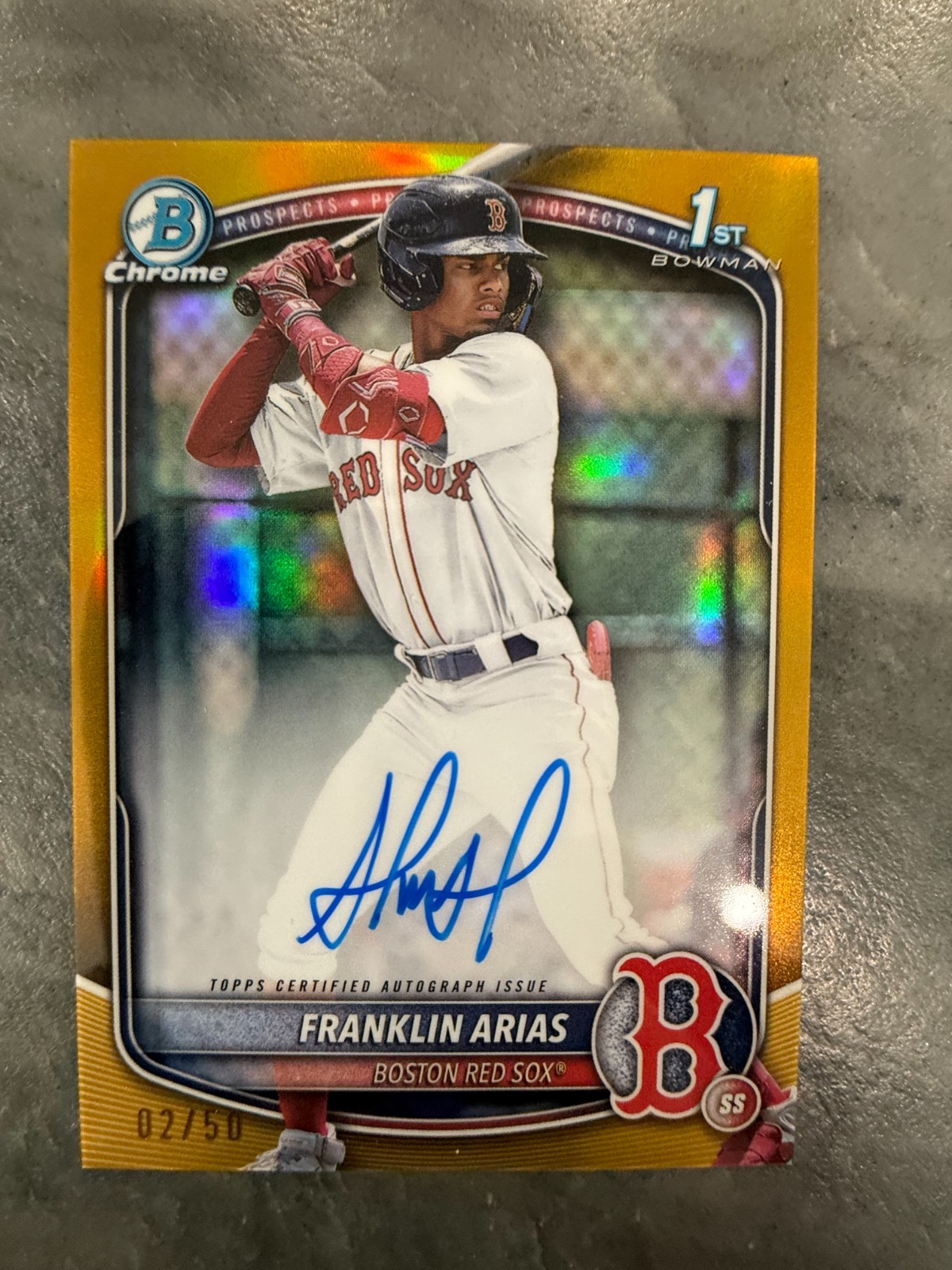 2025 Bowman 1st Chrome Franklin Arias 2/50 Gold Refractor Auto Red Sox