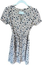 Ann Taylor Loft Light Pink w/ Navy Floral Dress Elastic Tie Waist Women’s Small