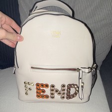 Fendi Roma White Leather Studded Logo Backpack Zip Small Detachable Strap
