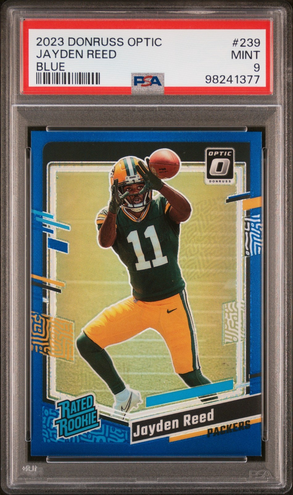 2023 Donruss Optic Jayden Reed BLUE Prizm /199 RATED ROOKIE PSA 9 MINT #239