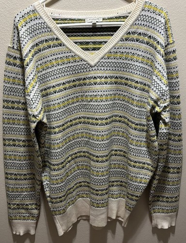 Burberry London, Burberry London Men's Fair Isle V-Neck Sweater Cream Yellow Black Pullover Vtg M