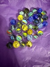 Assorted Glass Marbles Lot Cats Eye Swirl Blue Green Yellow 7.1 oz
