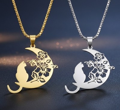 JS  Kette Anhänger Edelstahl Gold Silber Katze Mond Floral ES-0874