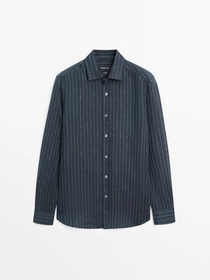 Massimo Dutti Linen Regular Fit Striped Shirt Navy Blue Size M EUC Extra Button
