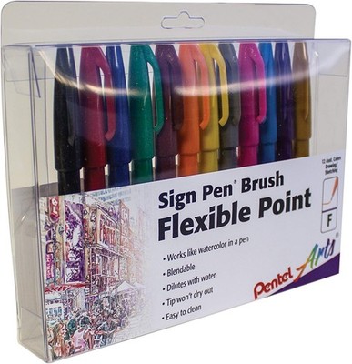 Arts Sign Pen Touch, Fude Brush Tip, 12 Assorted Colors in Marker Stand