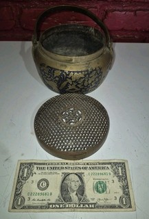 Antique 19th c Chinese Brass With Blue Enamel Cloisonne Decoration Hand Warmer