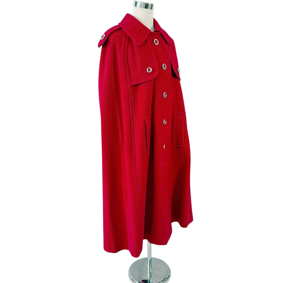 Red Wool Cape Size 16 Military Style Poncho Coat Epaulets Lined