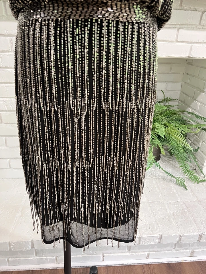 Vestido de noche ADRIANNA PAPELL US para mujer S 6 negro elástico plateado con cuentas con flecos Foto 2 de 4