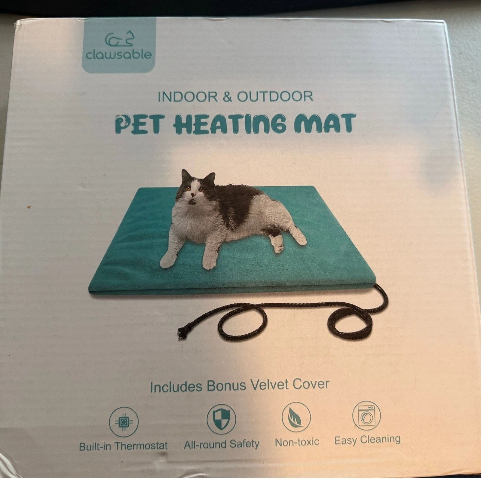 Clawsable Pet Heating Mat Indoor Outdoor Teal Waterproof w/Velvet Cover