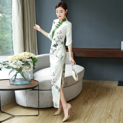 Ladies Long Cheongsam Bodycon Dress Side Slit Chinese Traditional Floral