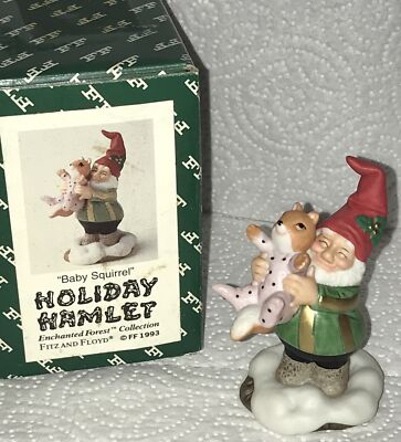 Fitz & Floyd 1993 Holiday Hamlet Elf & Baby Squirrel Enchanted Forest Collection