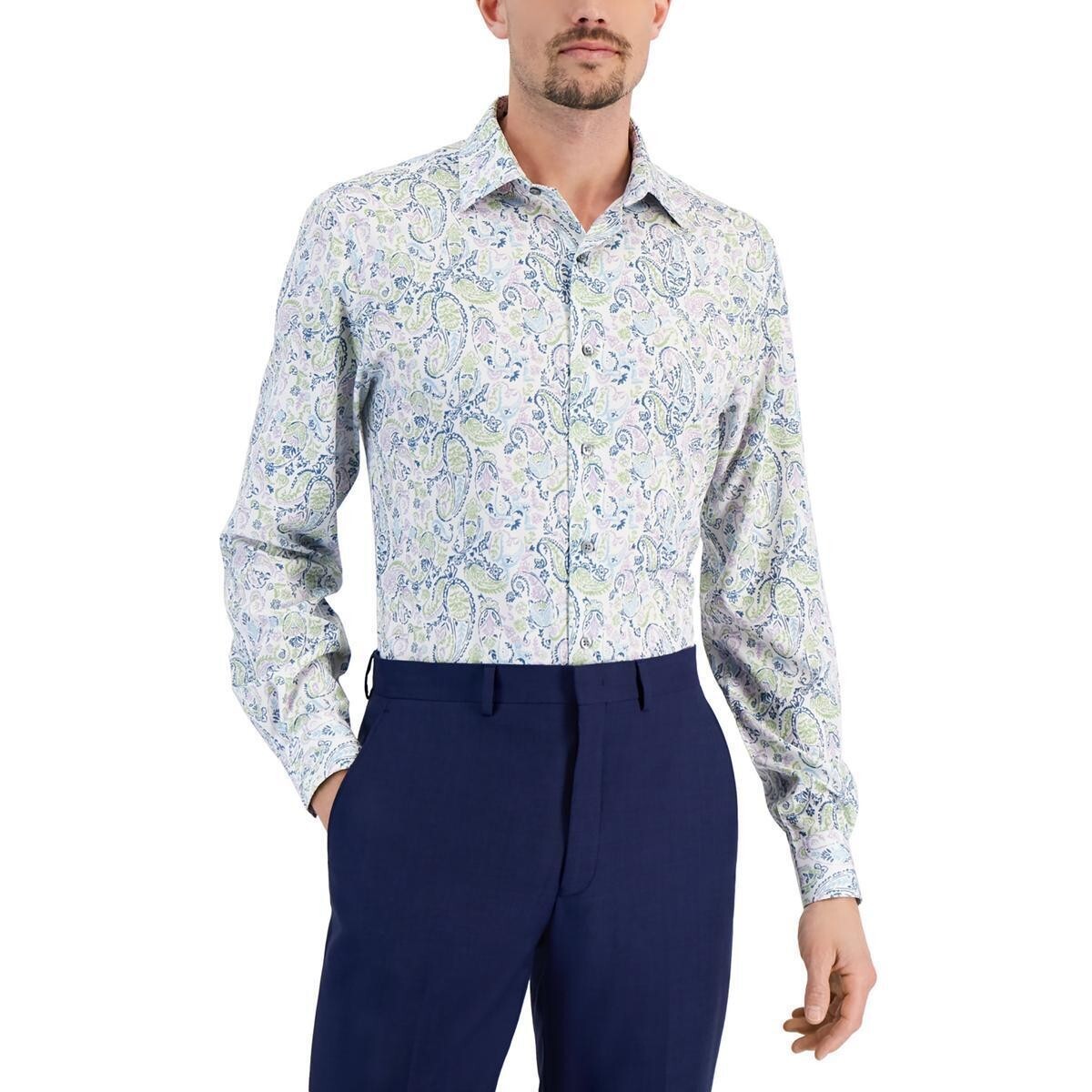 Alfani Men's Slim Fit 4-Way Stretch Paisley Dress Shirt, White Lavender 16-16.5