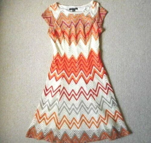 OFF WHITE Abito donna VINTAGE SHARAGANO bianco arancio chevron uncinetto sovrapposto foderato 10