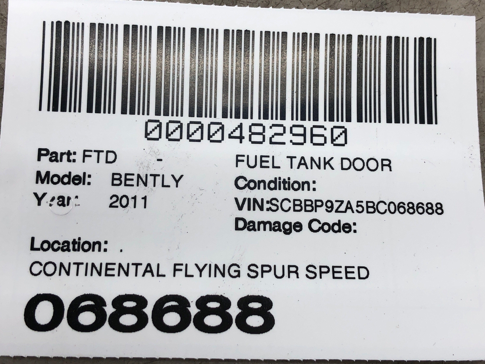 2006-2012 BENTLEY CONTINENTAL OEM FUEL TANK FILLER DOOR FLAP W/POCKET 3W5809857