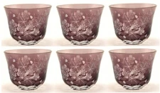 Votive Candle Holder Glass Amethyst Etched Flower Design 3"Dia 2.5"High Set of 6