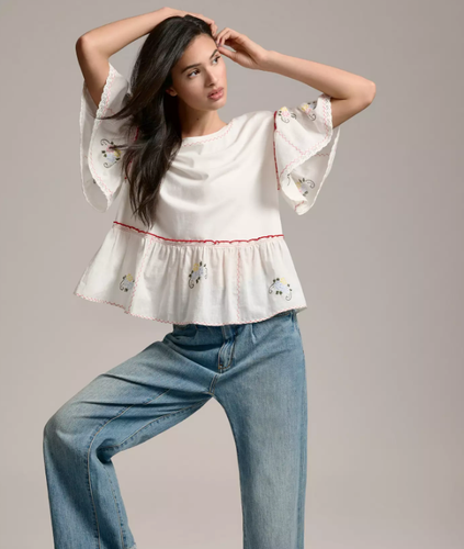 by Anthropologie Embroidered Peplum Top Babydoll Boho Floral White Bell Sleeve M