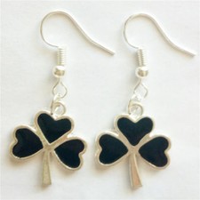 Cute New Silver Black Enamel Shamrock St Patrick's Day Dangle Earrings