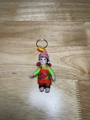 Vintage Porcelain Colorful Ethnic Doll Keychain 3in Tall!
