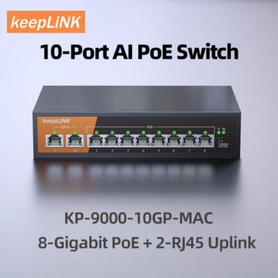 KeepLiNK 10-Port Gigabit PoE Switch, 8-PoE+2 RJ45 Uplink, Unmanaged Plug & Play