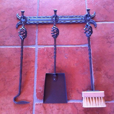 Hand Forged Fireplace Tools 4 Pieces Set Wall Hanging Wall Mounted