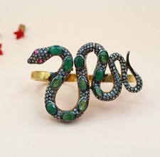 Snake Double Finger Emerald Ring - 925 Sterling Silver Statement Jewelry