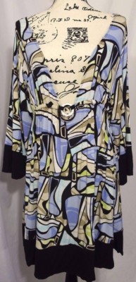 Perry Ellis Women's Blue Brown Green Retro Geometric Stretch Tea Dress Sz L