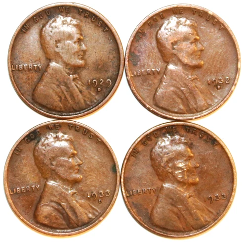 (4) Lincoln Wheat Cents - VF/XF - 1929D 1932D 1933D 1933P - #0164E