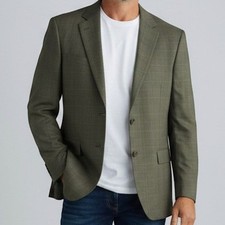 Jos. A. Bank Mens 46R Wool Blazer Glen Plaid Olive Green Brown Sport Coat