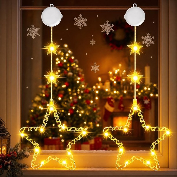 Weihnachtsbeleuchtung Fensterdeko LED Sterne SaugnäPfe Timer Warmweiß 2 StüCk-image