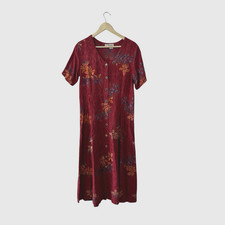 Norm Thompson Medium Shell Button Up Dress Red Rayon Batik Midi Maxi Womens