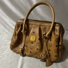 MCM Logo Satchel Top Handle Bag Cognac Zip Go...
