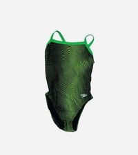 Speedo Power flex Eco Girls Size 24 Green Black 1 Piece Raceback Swimming Suit