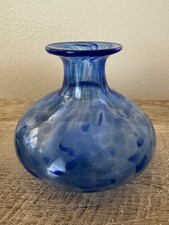 Blue Glass Vase Tall Squat Hand Blown Artist Signed 2002