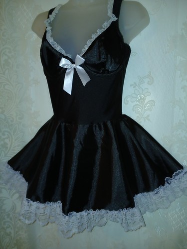 Vintage Fredericks Of Hollywood French Maid Black Satin Ruffle Lace Costume M - Picture 4 of 11