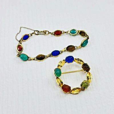 Vintage Egyptian Scarab Wreath Brooch & Bracelet Set Semi-Precious K352