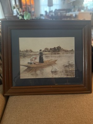 Framed Antique-Style Victorian River Scene Print (Late 19th-Century Style)
