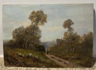 Chemin de campagne au vieux donjon Huile sur panneau, signée Marot Barbizon ? - Photo 1/4