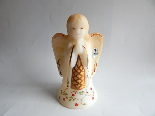 VTG FENTON CUSTARD SATIN GLASS CHRISTMAS HOLLY BERRY PRAYING ANGEL BELL SIGNED